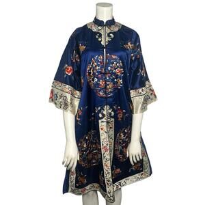 Vintage 1930s Chinese Silk Embroidered Robe Blue Mandarin Coat Frog Closure L